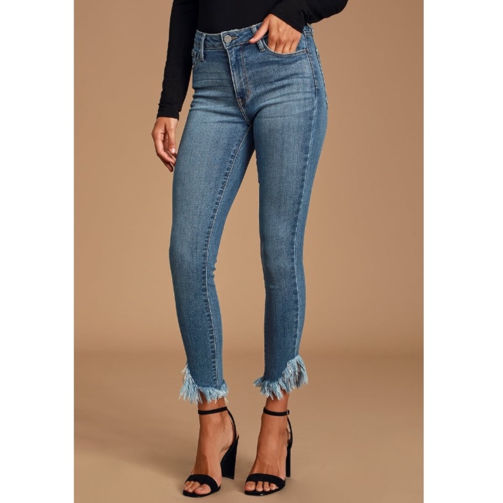 Teigan Medium Wash High Rise Raw Hem Skinny Jeans